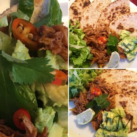 pulled pork med quesadilla og avocado